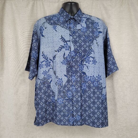 Harni Indonesian Batik Shirt Vintage Men's Blue Floral Button Down Shirt - Picture 1 of 8